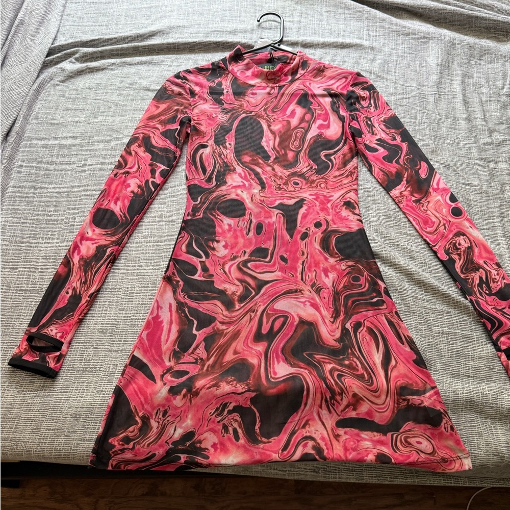 Pink and Black Sheath Dress with Mock Neck for Night Out
